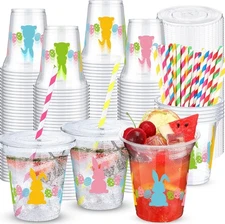 25 Pack Easter Bunny Plastic Cups with Lids and Paper 12oz, as picture show 