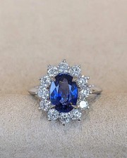 5.00Ct Oval Cut Natural Blue Sapphire & Diamond 14K White Gold Wedding Ring