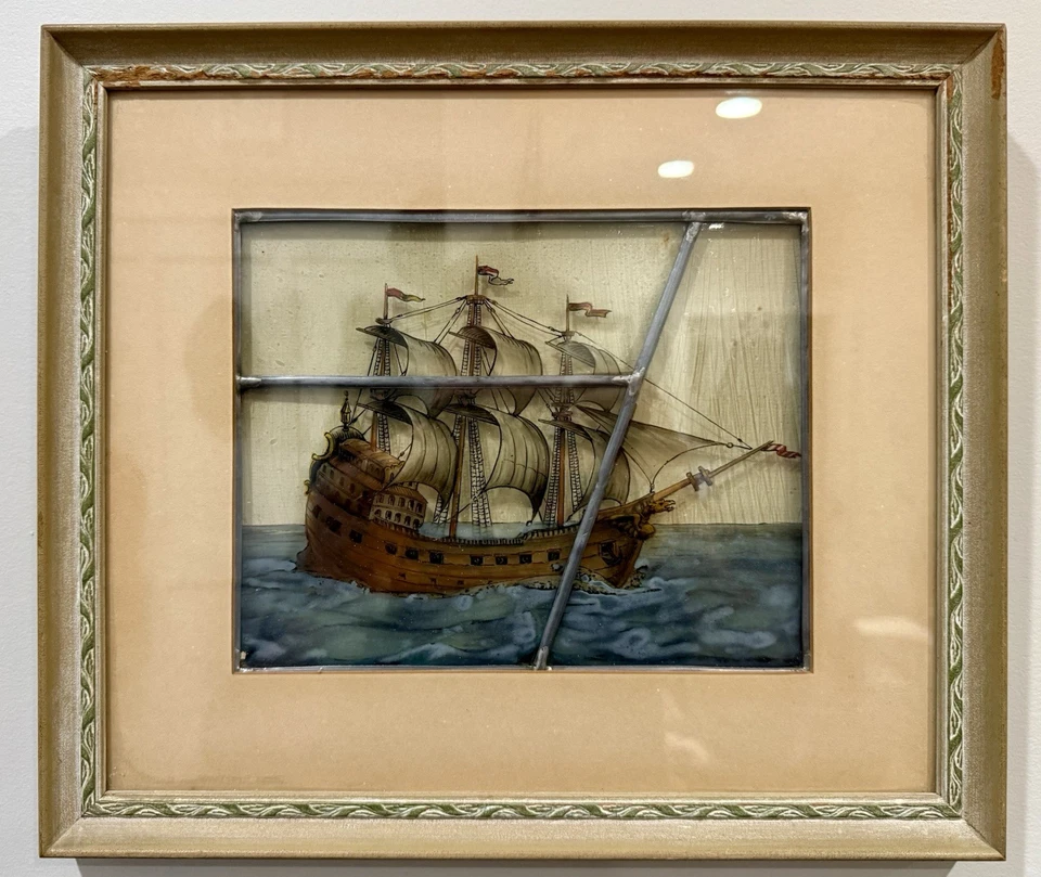 Antiguo panel de vidrio pintado al revés barco galeón siglo XVII con plomo y enmarcado, marítimo Foto 3 de 4