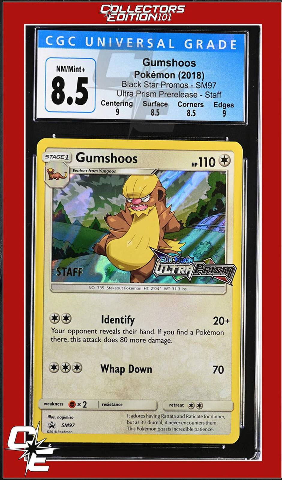 SM Black Star Promo Gumshoos SM97 Ultra Prism Prerelease STAFF CGC 8.5