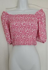 Pink Floral Crop Top Puff Sleeve Shirred Milkmaid Blouse UK 10 M Summer Y2K