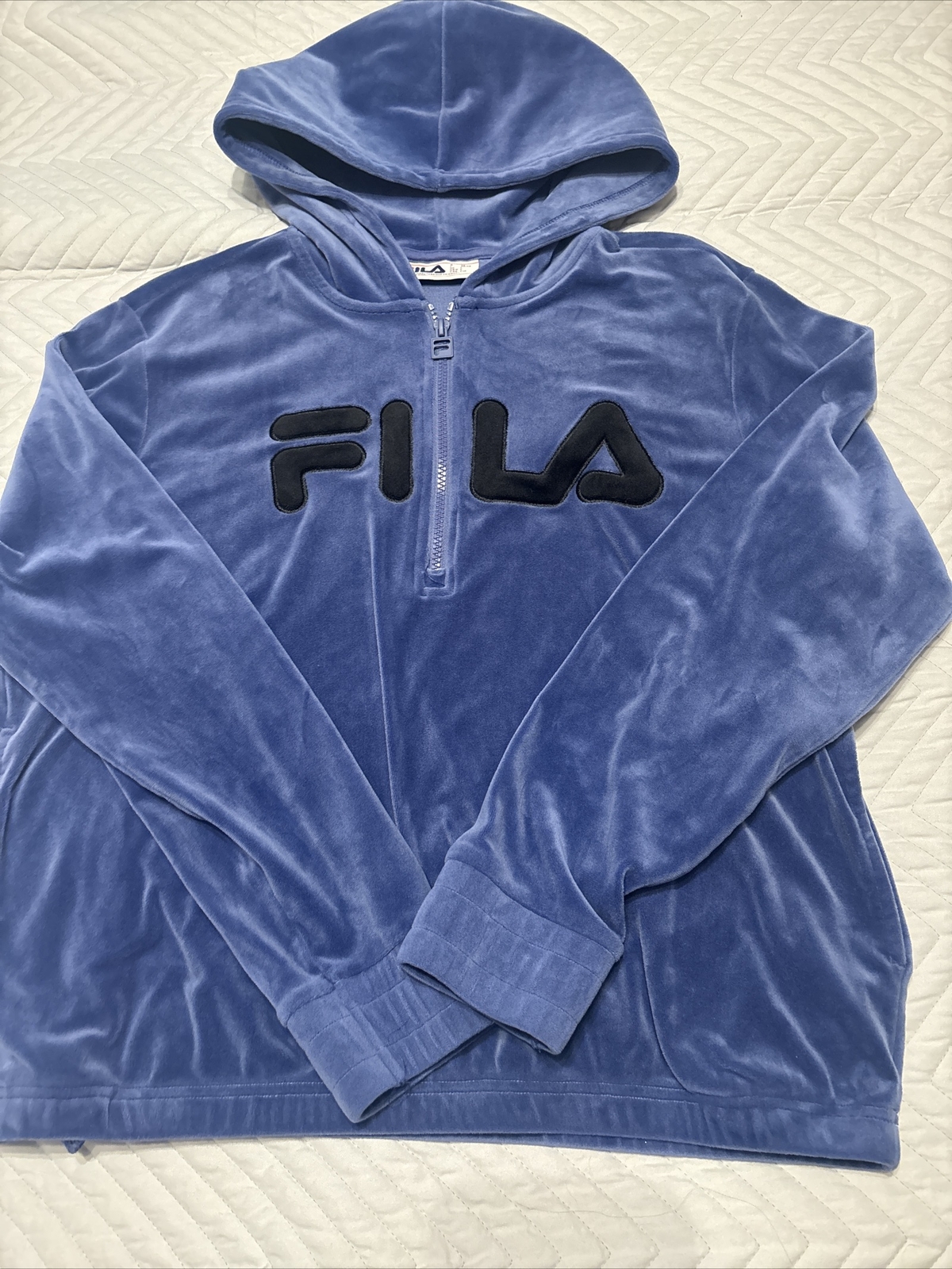 FILA Giacca da pista donna in velluto blu quarto di zip con cappuccio taglia large