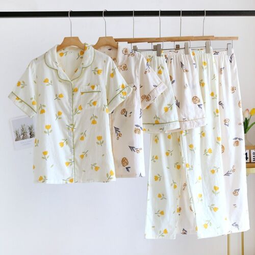 Set pigiama donna 3 pezzi 100% garza cotone stampato pigiama manica corta pigiama - Foto 3 di 29
