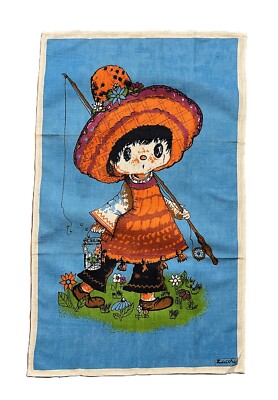 ZUCCHI Italian Linen Tea Towel 60s Flower Girl Going Fishing Tapestry NOS