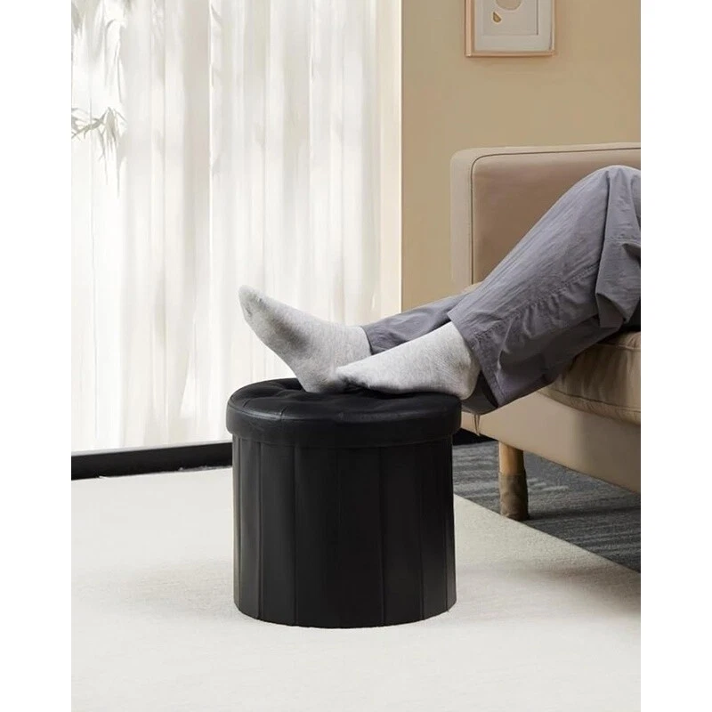 Folding Storage Ottoman Round Foot Stool Thicker Foam Padded Seat Small Leather - Image 3 of 4