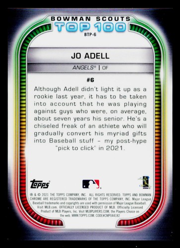 2021 BOWMAN SCOUT'S TOP 100 REFRACTOR GOLD #BTP-6 JO ADELL 37/50 NM - Bild 2 von 2