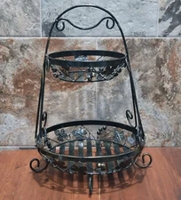 Two Tier Metal Fruit Basket Kitchen Storage Organizer 21" High Vines and Leaves