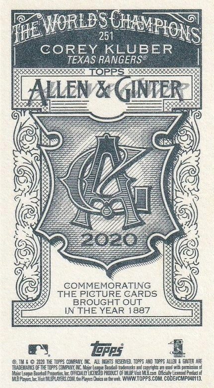 2020 TOPPS ALLEN & GINTER MINI COREY KLUBER TEXAS RANGERS INDIANS - B4121 - Image 2 of 2