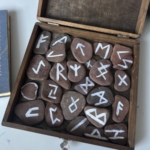 Viking Runes Hand Painted Stones In Keepsake Box With Vintage Rune Book