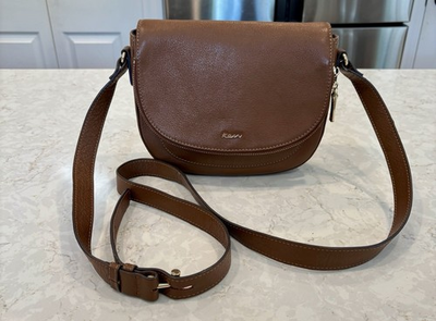 #ad Kew Brown Genuine Leather Crossbody Purse Flap Saddle Bag Excellent Condition $34.99