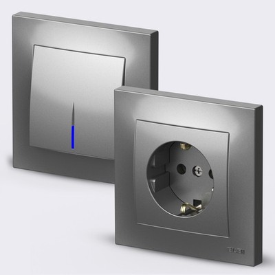 Schuko Steckdose Steckdosen Lichtschalter Ausschalter mit LED VEGA Met. Silber