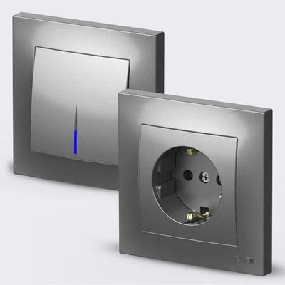 EL-BI Schuko Steckdose Steckdosen Lichtschalter Ausschalter mit LED VEGA Met. Silber