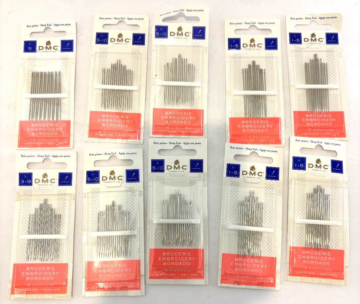 NEW Lot of 10 DMC 1765 Embroidery Needles 4x 5-10, 4x 1-5, 3
