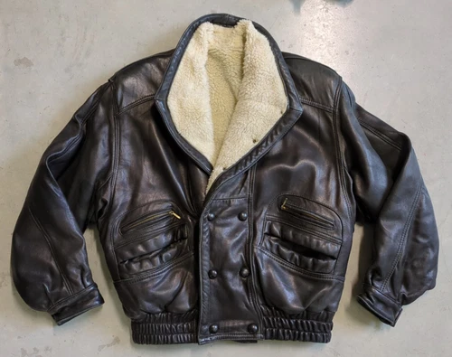 Vintage Vera Pelle Leather Bomber Jacket Faux Shearling Lining Size 48 Italy - product listing photo
