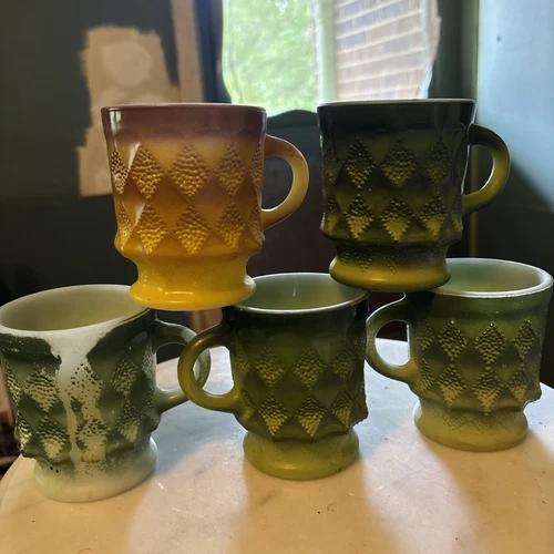 5 Vintage Fire King Kimberly Diamond Point Coffee Green Cups Mugs Set
