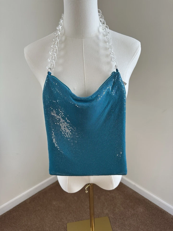 Bolso de malla metálica turquesa Whiting & Davis RARO con correa de cadena de acrílico transparente Foto 2 de 4