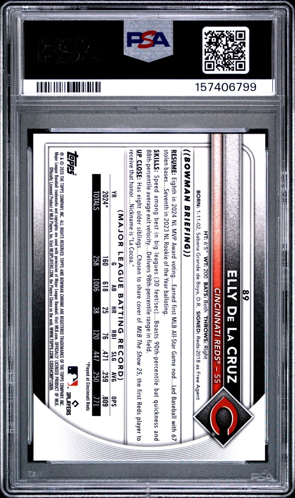 2025 Bowman Chrome Elly De La Cruz #89 Gold Geometric 13/50 PSA 9 MINT Reds view 2