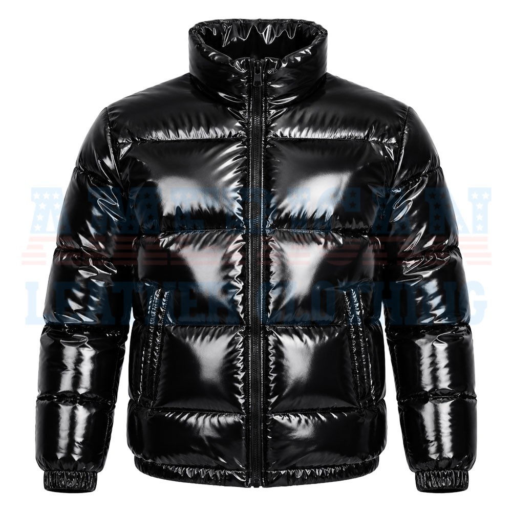 Men's Black Shiny PVC Vinyl Bubble Puffer Bomber Jacket Glossy Waterproof Winter image 2