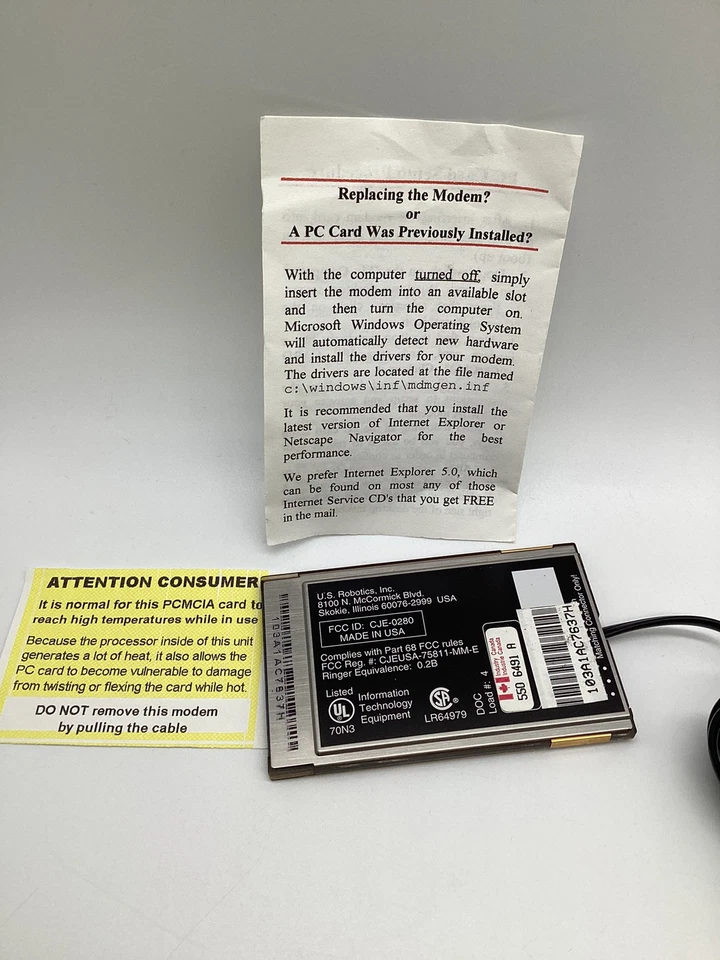 US Robotics 33.600 Courier PCMCIA PC Card USR0336 CJEUSA-75811-MM-E / CJE-0280 - Image 2 of 3