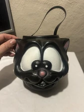 VTG Blow Mold Black Cat Trick or Treat Candy Bucket Halloween Pail Plastic