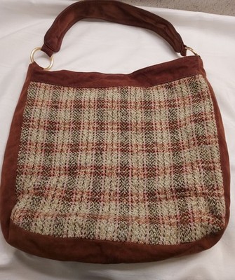 Vintage Missoni Brown Suede and Plaid Woven Shoulder Bag. Made in 