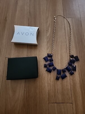 Avon SAQ Necklace Collar Blue Multi Tile Gold Tone Statement Bib Jewelry 18  New