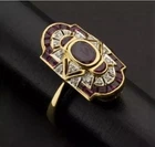 Art Deco Lab-Created Diamond Red Garnet Mothers Day Ring 14k Yellow Gold Finish