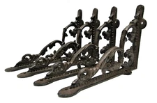 Set 4 Dark Brown Cast Iron Leaf Shelf Brackets Braces 5.5" x 7.5" Small Rustic