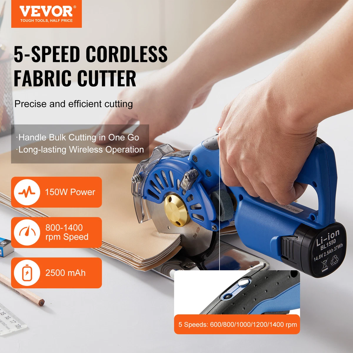 VEVOR Fabric Cutter 5-Speed Cordless Electric Rotary Fabric Cutting Machine 1.1 Cutting Thickness Octagonal with Replacement Blade and Battery