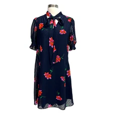 DKNY Navy Blue Floral Dress Chiffon Tie Neck Sz 6 Swiss Dot Short Sleeve Party