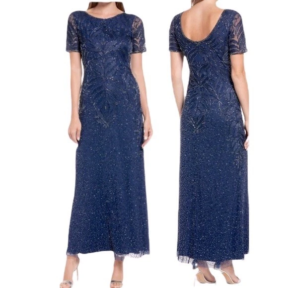 Pisarro Nights Glitter Floral Bead Gown Navy Blue 4 eBay