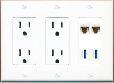 RiteAV 2 Port Cat6 2 USB3 Wall Plate 2 Outlet [White]