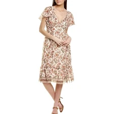 Max Studio Milkmaid Midi Dress Sz M Smocked Waist Tiered FairyFloral Cottagecore