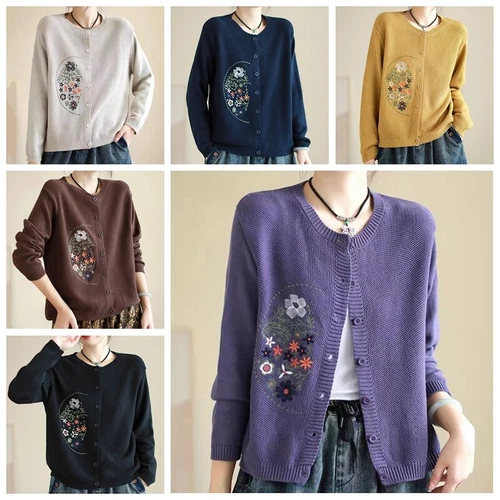 Women Cardigan Sweater Coat Round Neck Jacket Floral Knitted Embroidery Top Warm - Picture 4 of 25