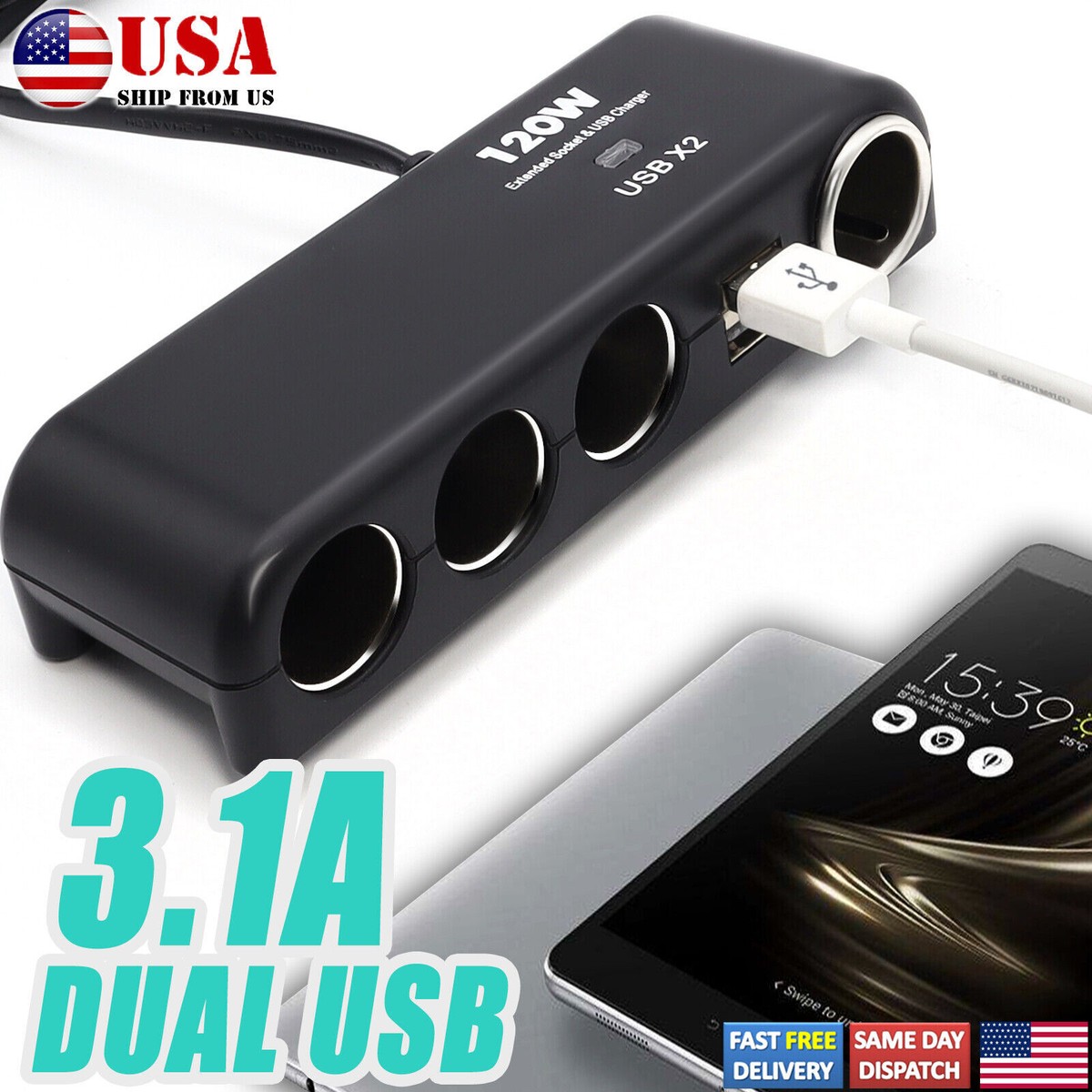 2023 USB Car Charger Cigarette Lighter Socket 4-Way 12V Splitter Power  Adapter