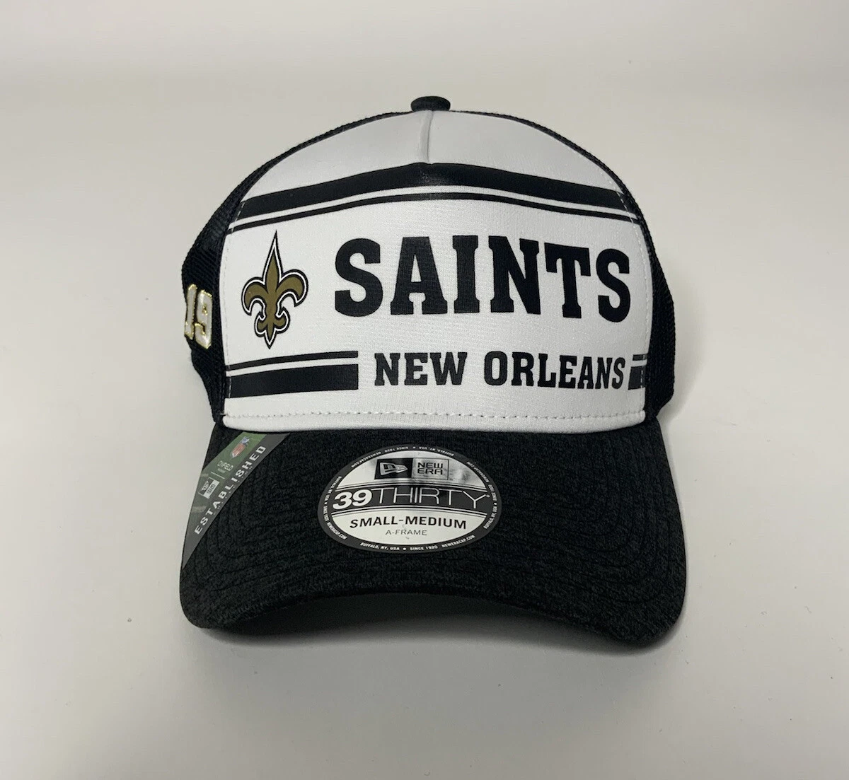 New Era Saints White/Black 2019 NFL Sideline Historic Logo 39THIRTY Hat Sz S/M
