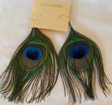 EARRINGS: VINTAGE RETRO FEATHER DANGLE: METAL HYPOALERGENIC NEW 