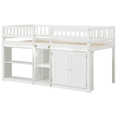 Low Loft Bed with LED Light, Stairs & Guardrails, Modern Wood Kids Twin Bed