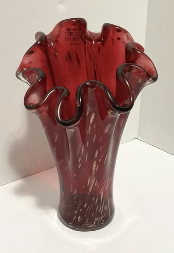 Vintage Hand Blown Murano Art Glass Vase Handkerchief Ruffled Gold Flecks