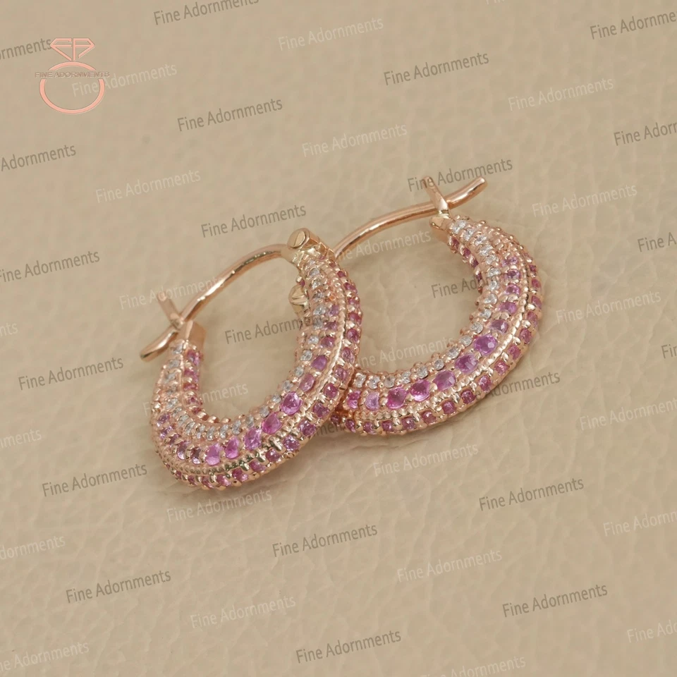 Solid 14k Rose Gold Hoop Earrings Natural Pink Sapphire & Diamond Fine Jewelry - Image 2 of 4