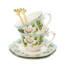 Country Roses Bone China Tea Cup and Saucer Set, 6 Pieces, 2 set Light Green