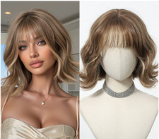 Short Wavy Bob Gray Brown Mix Synthetic Hair Wigs With Bangs Women Soft Natural