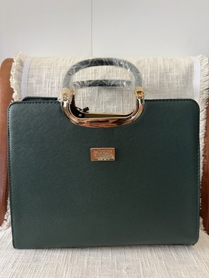 Badgley Mischka New York Forest Green Structured Satchel Gold Handle NWT