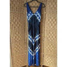 INC International Concepts Blue Tie Dye V-Neck Ruched Maxi Dress Womens M Beach