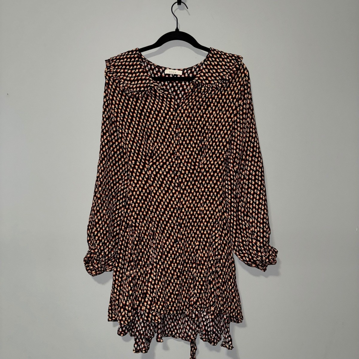 DOEN Floral Block Print Mini Dress Ruffle Collar Button Front Long Sleeve Black DOEN Floral Block Print Mini Dress Ruffle Collar Button Front Long Sleeve Black