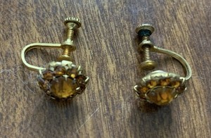 Vintage Faceted Amber Rhinestone Screw-Back Earrings