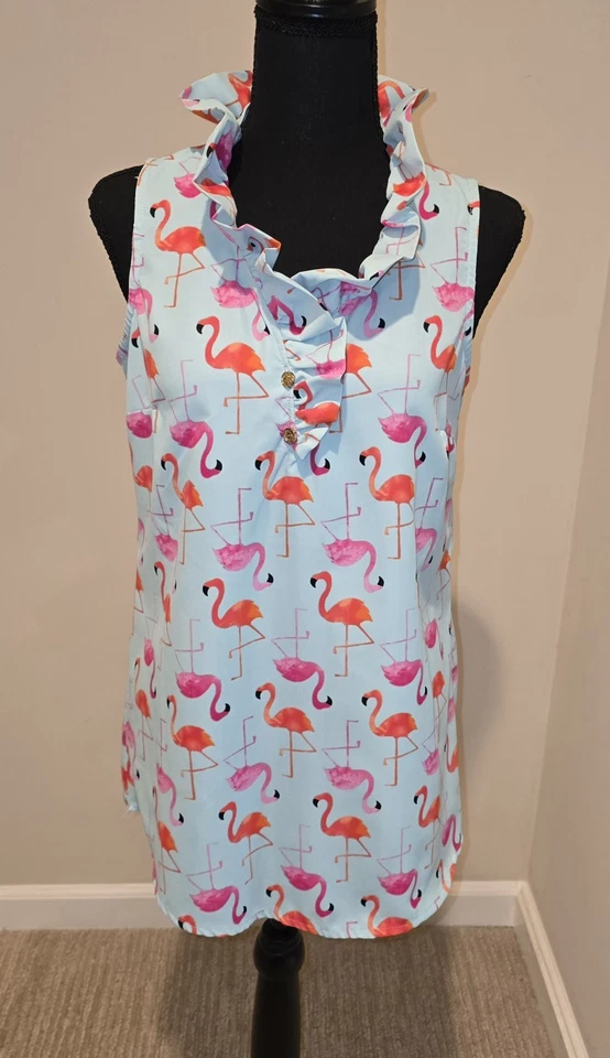 Blusa Top Mudpie Talla S Sin Mangas Rosa Aqua Flamenco Tropical Playa Florida  Foto 3 de 4