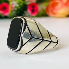 Black Onyx Flat Cut Gemstone 925 Sterling Silver Men's Ring All Sizes