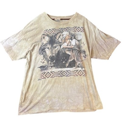 Vintage The Mountain Wolf Native American Graphic T-Shirt Tan Tie Dye 3XL Y2K