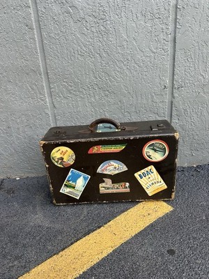 Vintage Travel Suitcase w/ Airline Decals BOAC Air India Lufthansa SAS 22